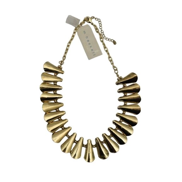 M Haskell Statement Necklace Gold Tone Folded Metal White Beads New Old Stock - Picture 3 of 5